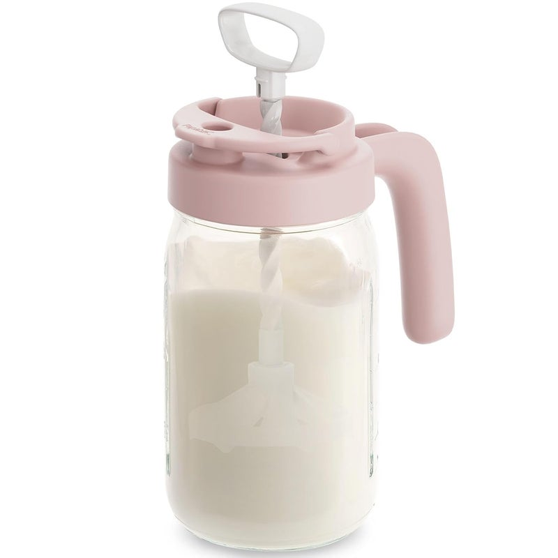 Papablic Glass Breastmilk Pitcher, Fast Baby Formula Maker with Mixing Handle Lid, Wide Mouth Mason Jar Breast Milk Storage Container with Flip-Lock Spout, BPA-Free, Pink. - Image 1